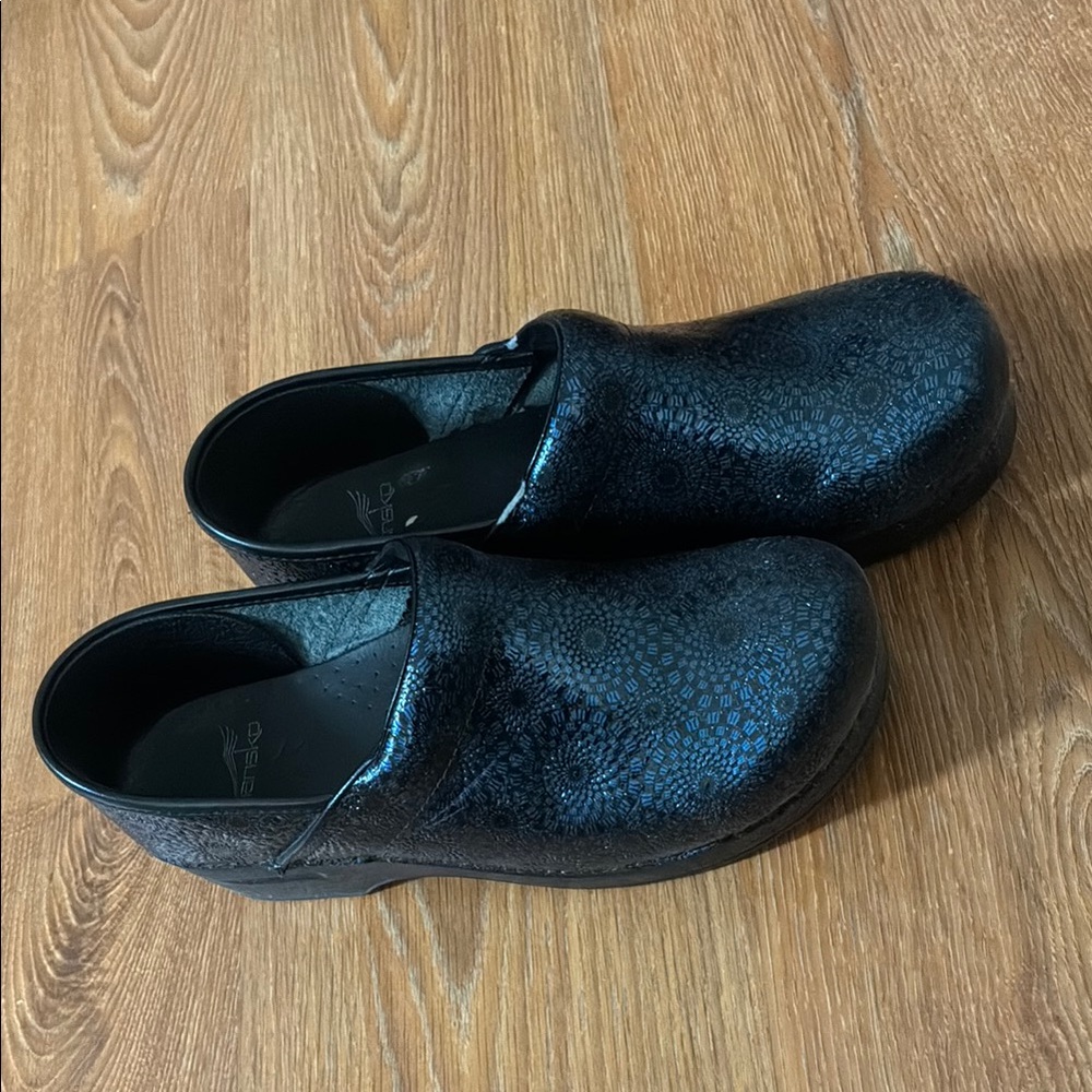 Dansko Black and Blue Leather Clogs